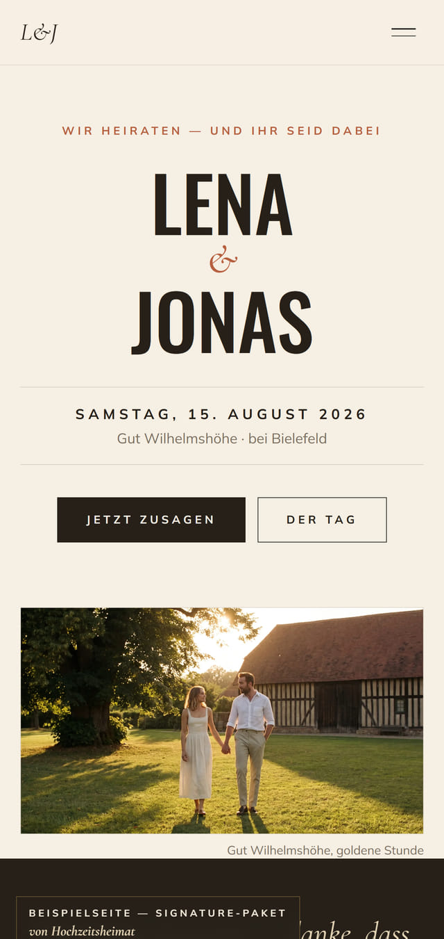 Beispielseite im Paket Erinnerung auf dem Handy: Namenszug von Lena und Jonas mit Datum und Foto vom Gut