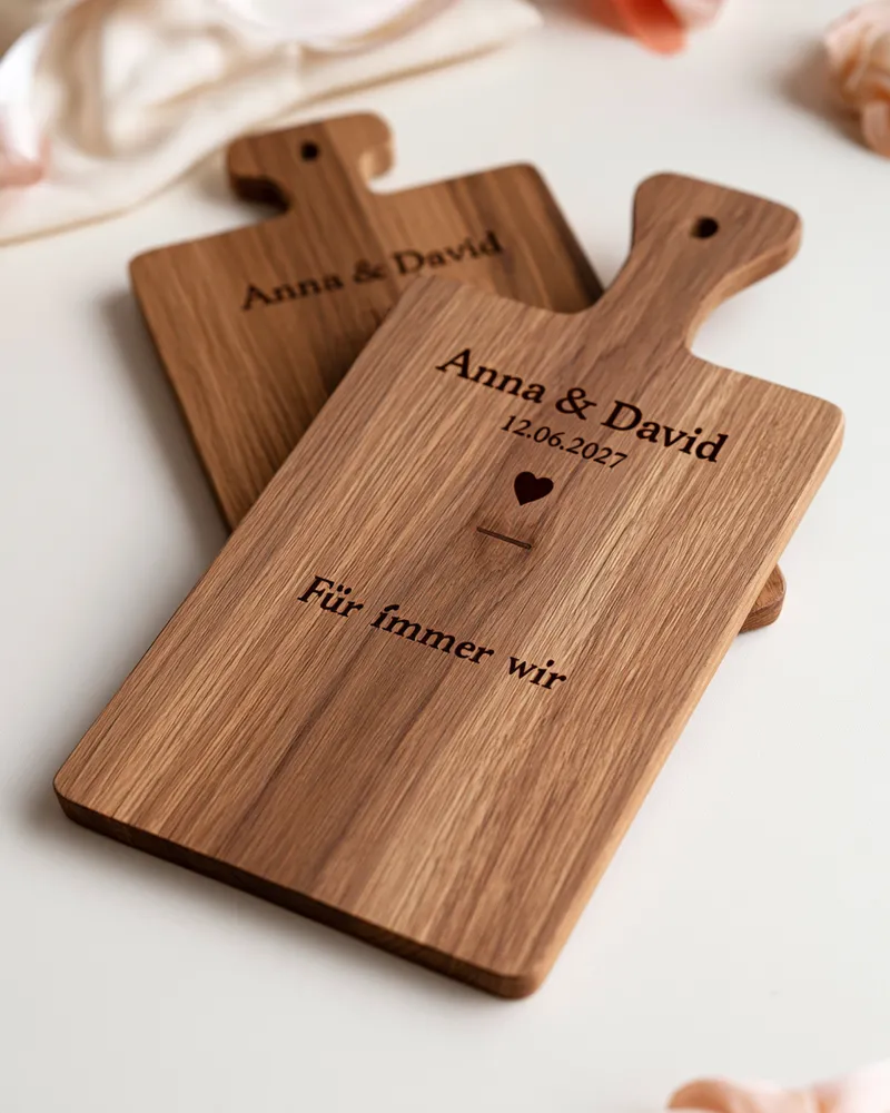 Zwei Servierbretter aus Eichenholz mit Gravur von Namen, Hochzeitsdatum, Herz und „Für immer wir“ – persönliches Geschenk zur Hochzeit