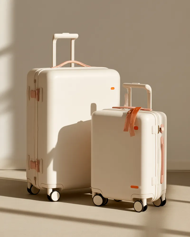 Zwei cremefarbene Hartschalenkoffer in Groß und Handgepäckgröße mit Rosé-Lederdetails – Reisekoffer-Set für die Hochzeitsreise