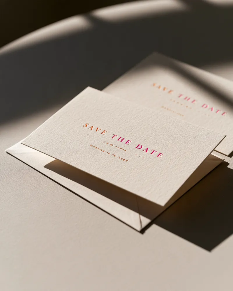 Save-the-Date-Karte aus strukturiertem Büttenpapier mit Prägeschrift in Pink und Orange, darunter der passende cremefarbene Umschlag